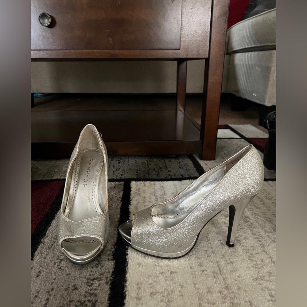 Silver/Glitter High Open Toe Heels - Size 7M - Rampage